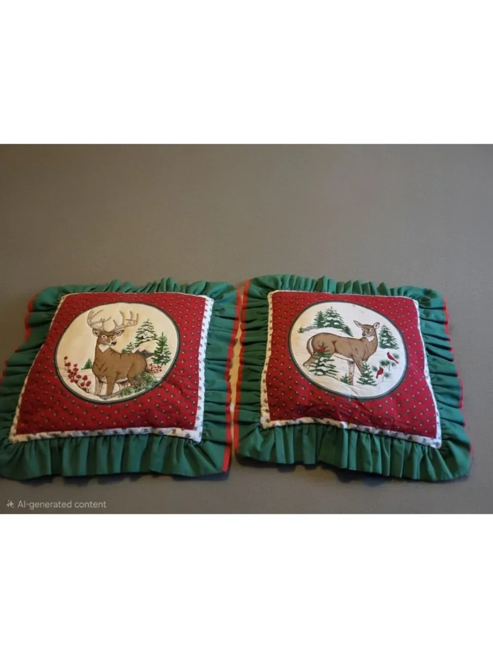 Vintage Pillows Ruffles Handmade Quilted Christmas Whitetail Deer Doe Buck Cabin